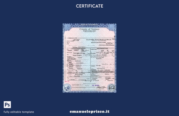modello di certificato di morte della contea di Ventura della California dello s